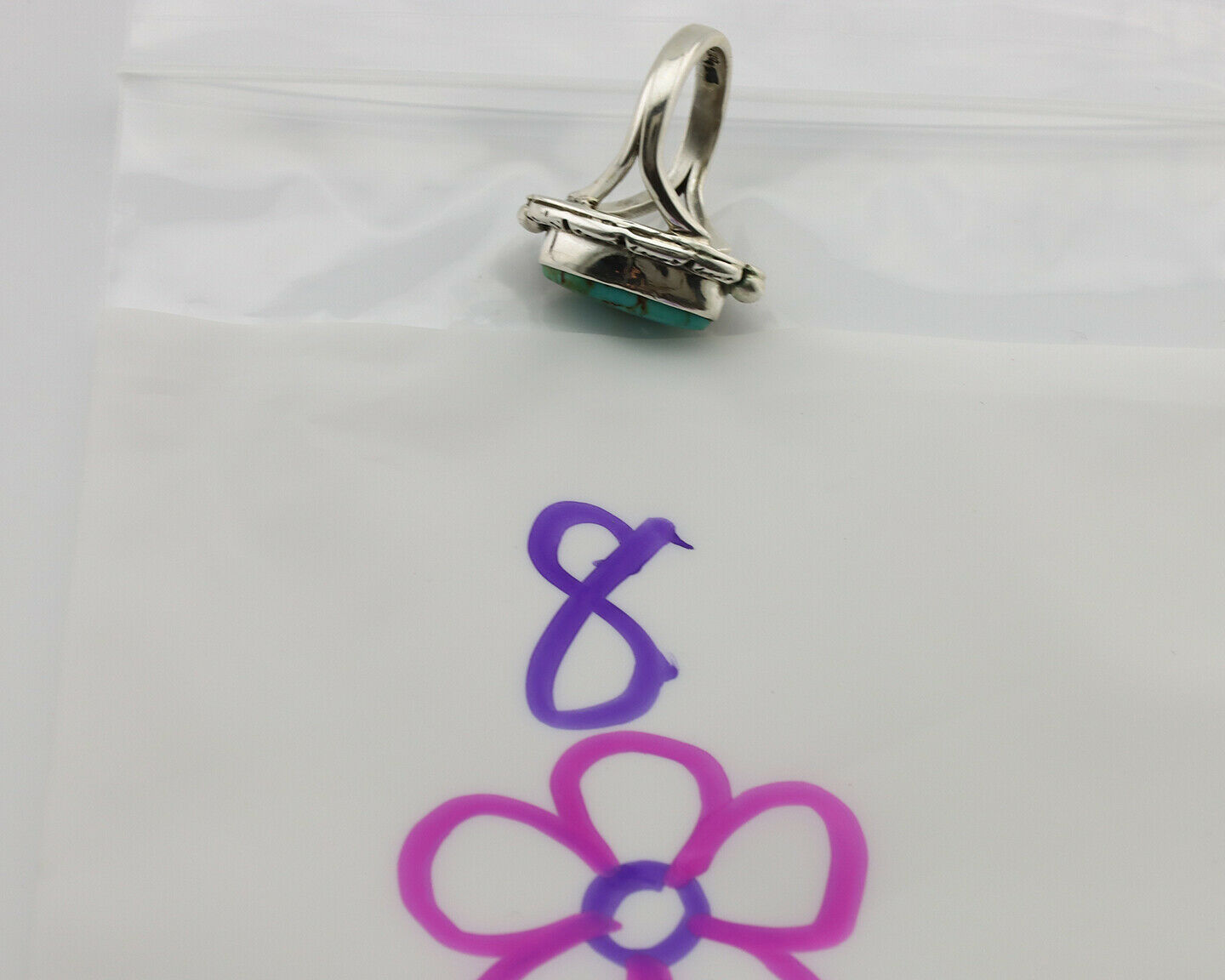 Navajo Ring .925 Silver Natural Mined Turquoise Artist Signed Gecko C.80's