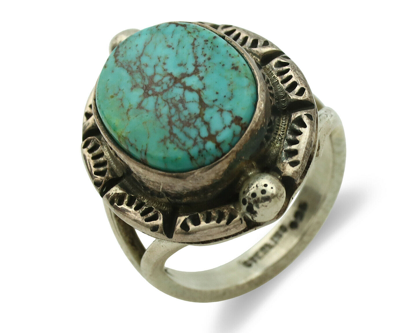 Navajo Ring .925 Silver Kingman Turquoise Artist Signed Gecko C.1980's