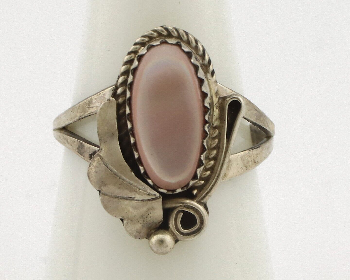 Navajo Ring .925 Silver Natural Pink Mussel Artist Signed Justin Morris C.80's