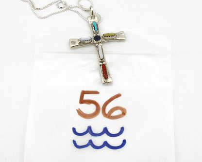 Zuni Handmade Cross Necklace 925 Silver Natural Gemstone Signed C. IULE C.80's