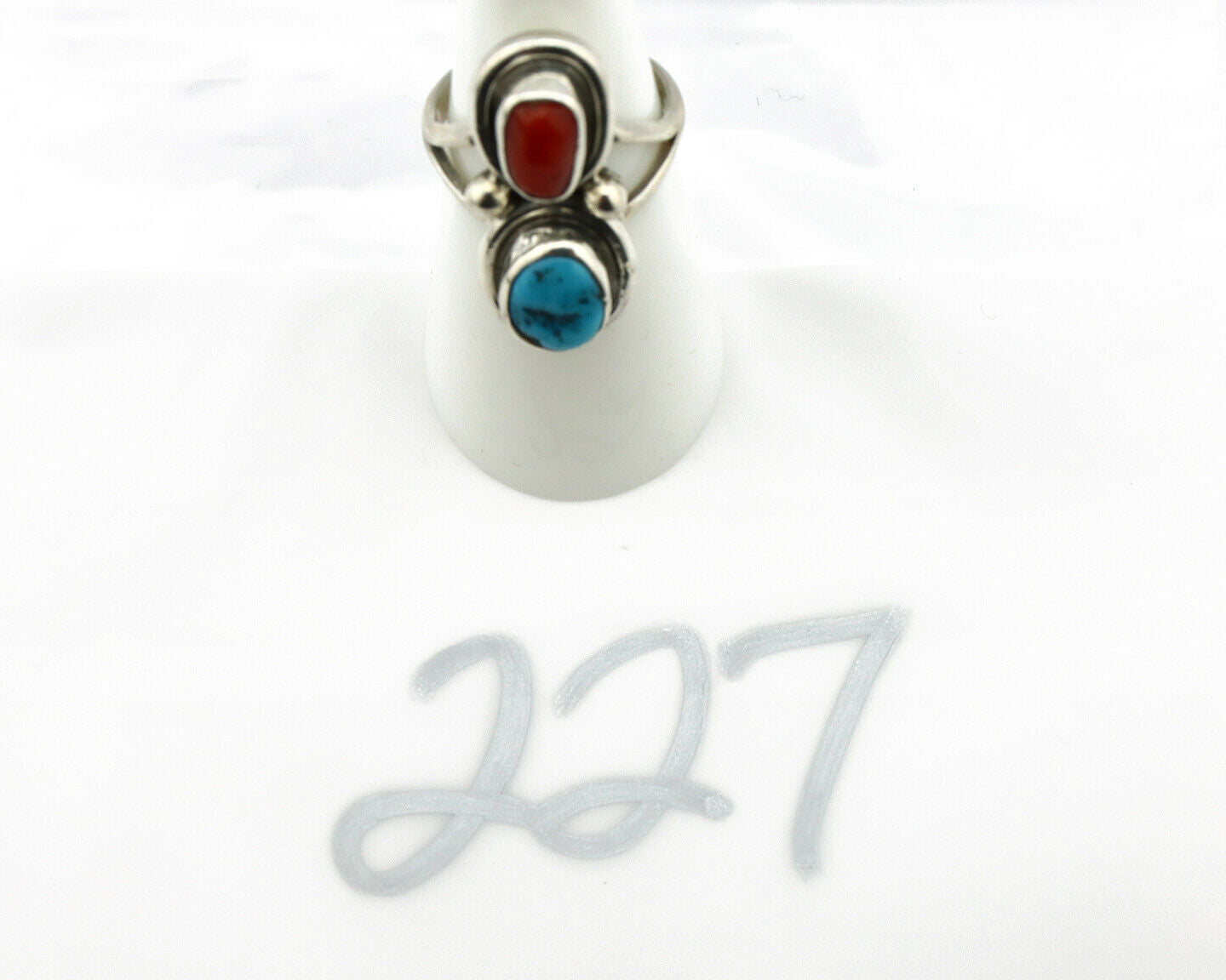 Navajo Ring .925 Silver Red Coral & Blue Turquoise Native Artist C.80's