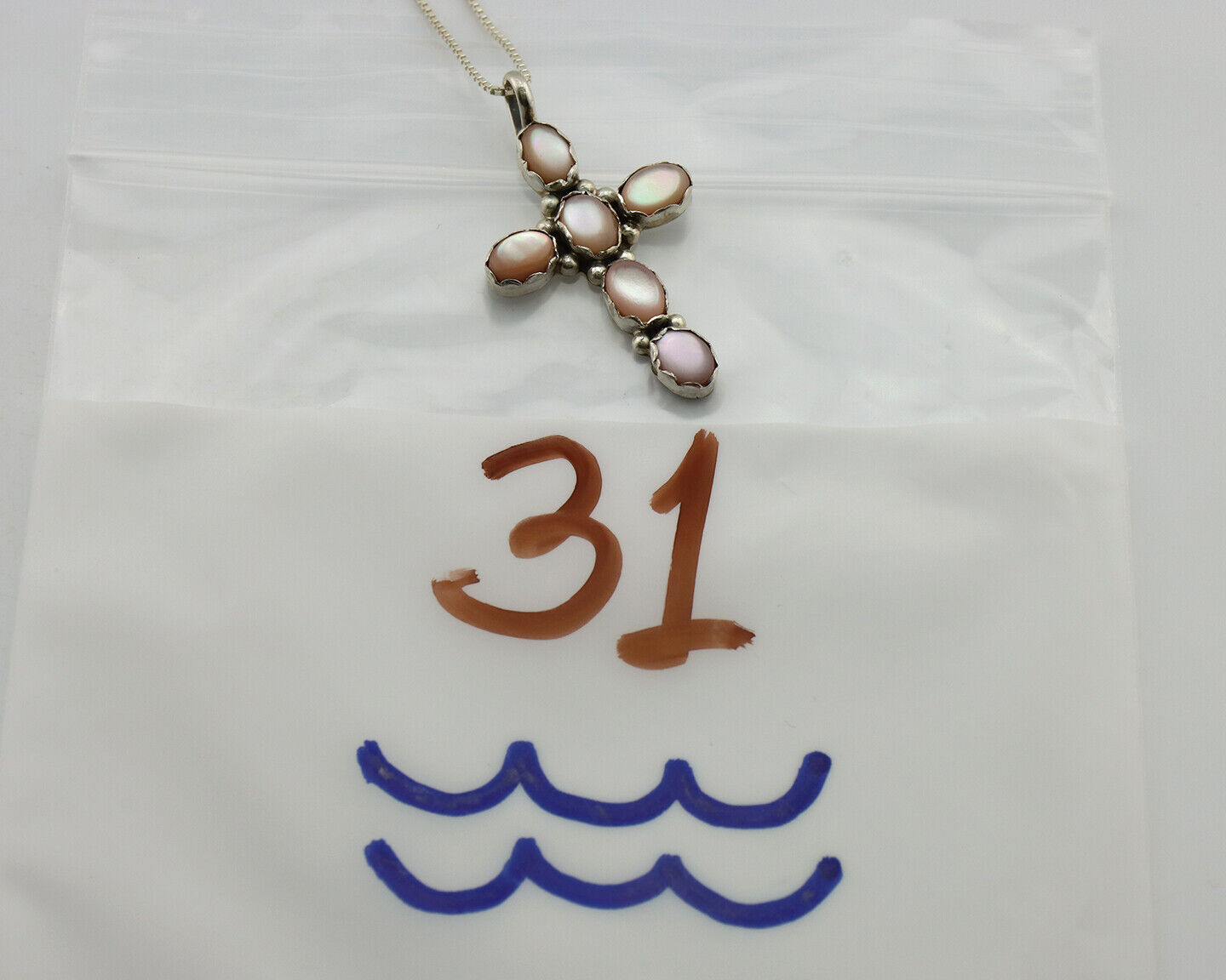 Navajo Cross Necklace 925 Silver Pink Mussel Native American Artist C.80's