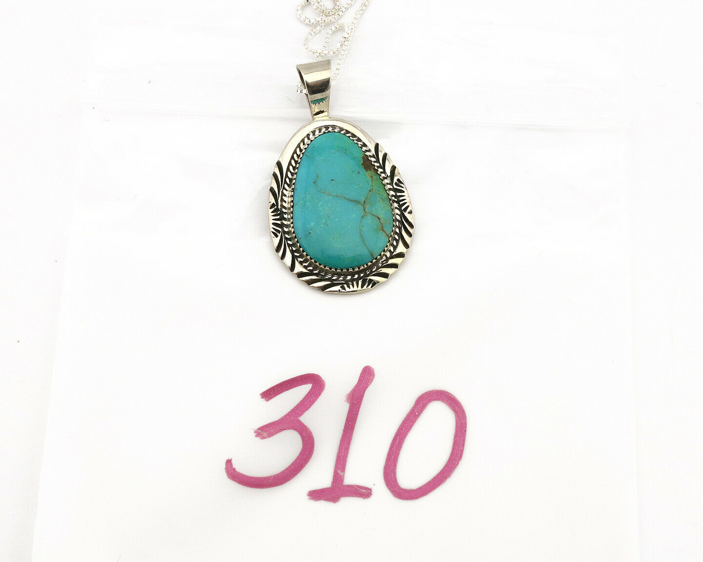 Navajo Necklace .925 Silver Kingman Turquoise Signed PM C.1980's