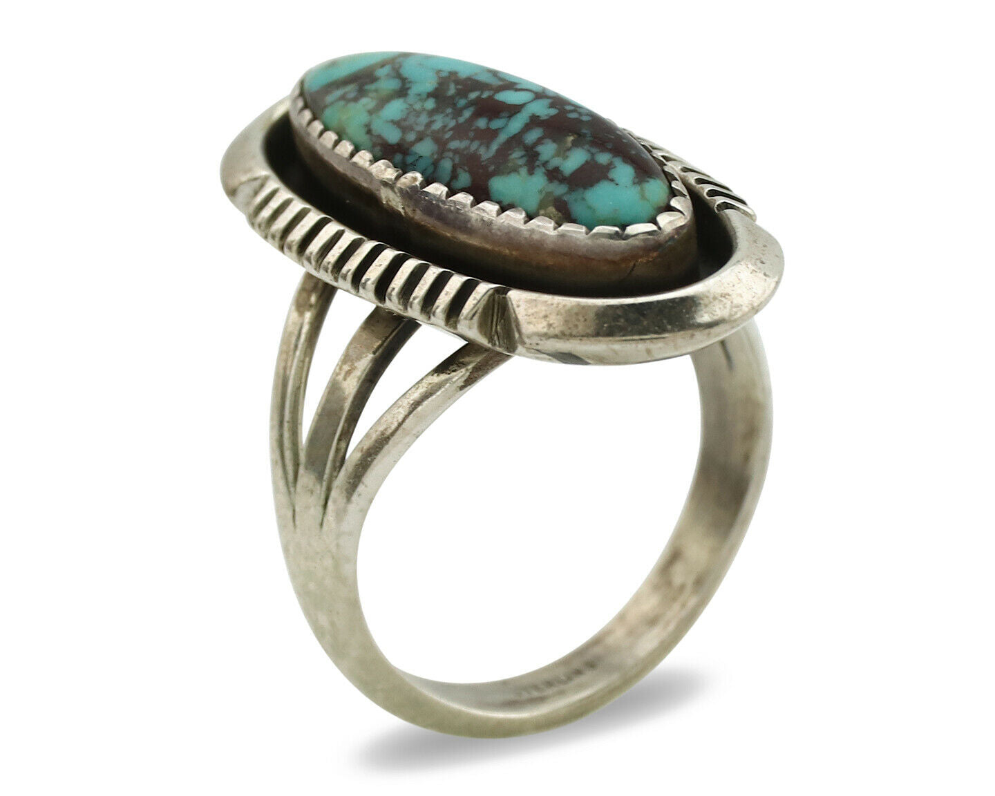 Navajo Ring .925 Silver Spiderweb Turquoise Artist Signed B C.1980's