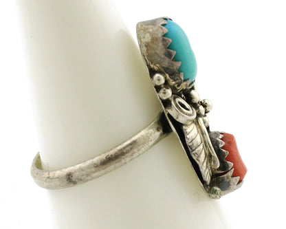 Navajo Ring 925 Silver Coral & Turquoise Handmade Native American Artist C.1980s
