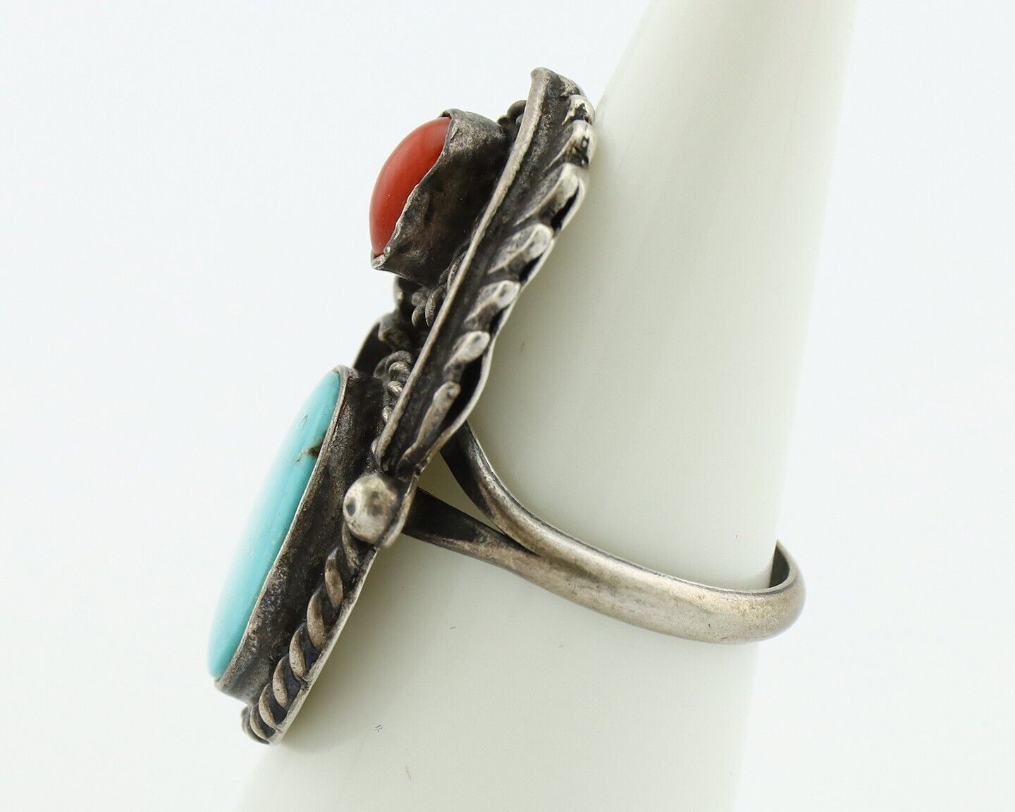 Navajo Handmade Ring 925 Silver Turquiose & Coral Native American Artist C.80's