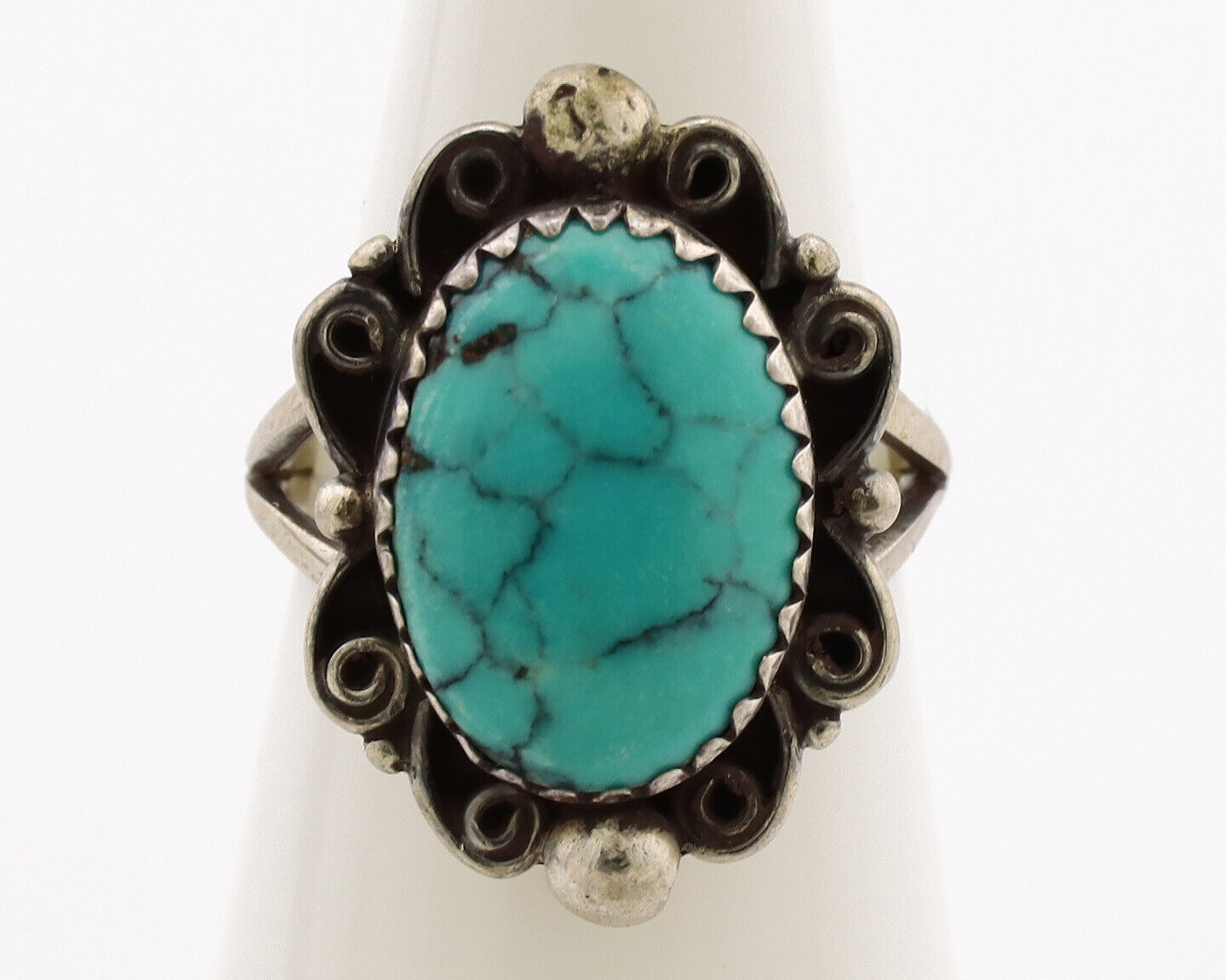 Navajo Ring .925 Silver Spiderweb Turquoise Artist Signed TALHAT C.80's