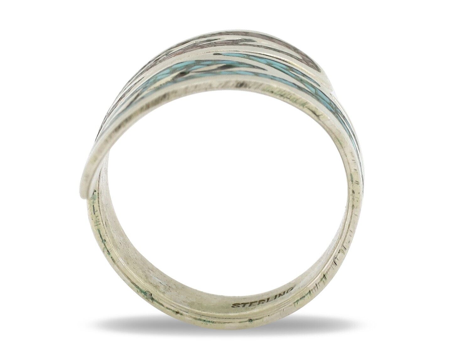 Navajo Chip Inlay Ring 925 Silver Turquoise & Coral Artist Native Artist C.80's