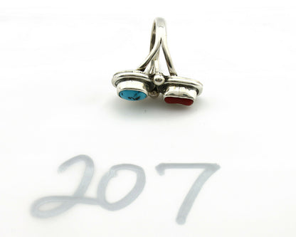 Navajo Ring .925 Silver Red Coral & Blue Turquoise Native Artist C.80's
