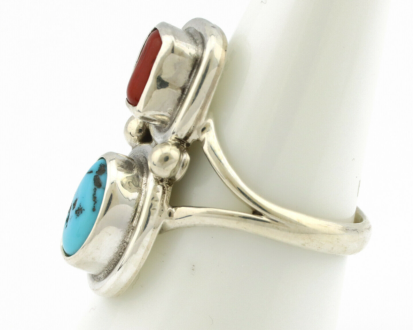 Navajo Ring .925 Silver Blue Turquoise & Red Coral Native American Artist C.80's