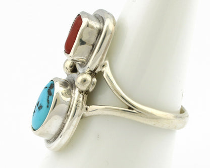 Navajo Ring .925 Silver Blue Turquoise & Red Coral Native American Artist C.80's