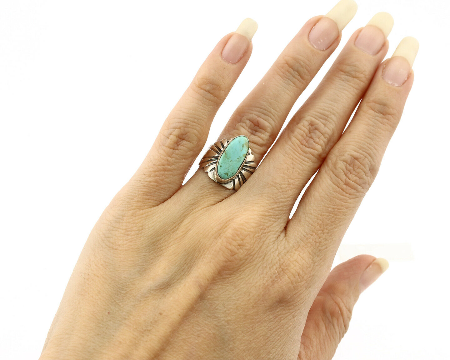 Navajo Ring .925 Silver Kingman Turquoise Artist Signed Apache C.80's