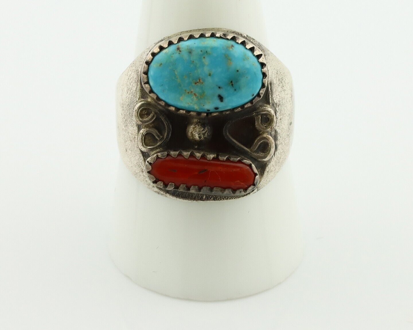 Navajo Ring 925 Silver Blue Turquiose & Mediterranean Coral Native Artist C.80's