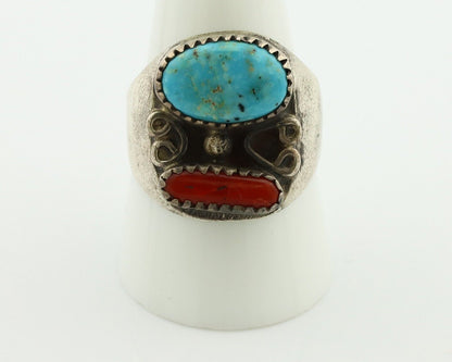 Navajo Ring 925 Silver Blue Turquiose & Mediterranean Coral Native Artist C.80's
