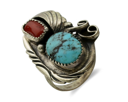 Navajo Ring 925 Silver Turquoise & Coral Artist Signed Native American C.80s