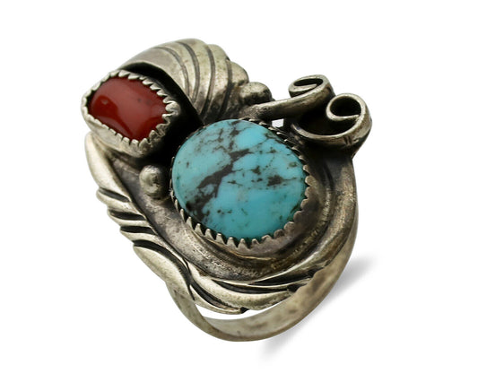 Navajo Ring 925 Silver Turquoise & Coral Artist Signed Native American C.80s