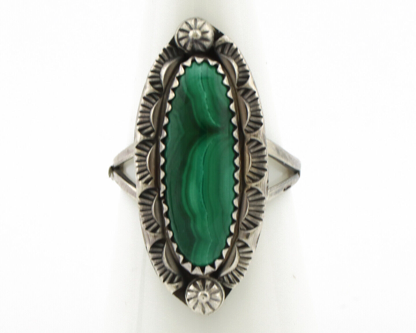 Navajo Ring 925 Silver Natural Malachite Artist Native American Signed H C.80's