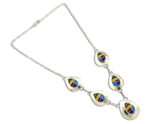VTG Navajo Signed RWF .925 Silver & Gemstone Concho Inlaid Necklace