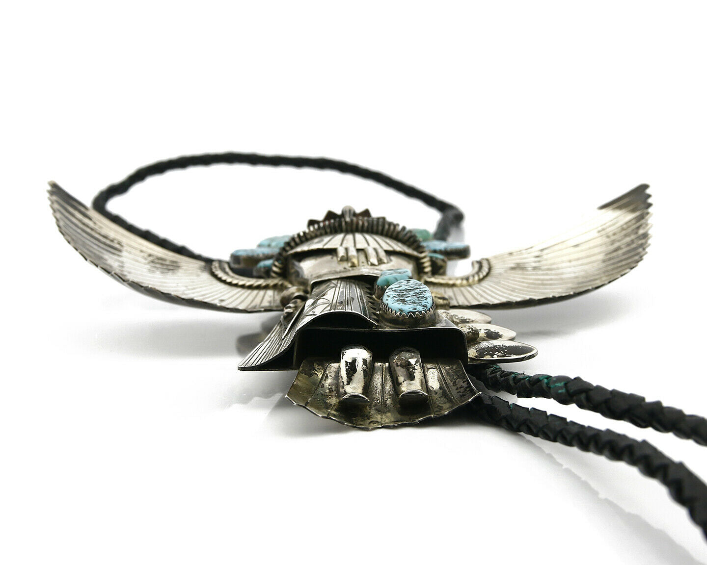 Navajo Kachina Dancer Bolo Tie Turquoise & Coral Signed M with Bent Arrow C.80's