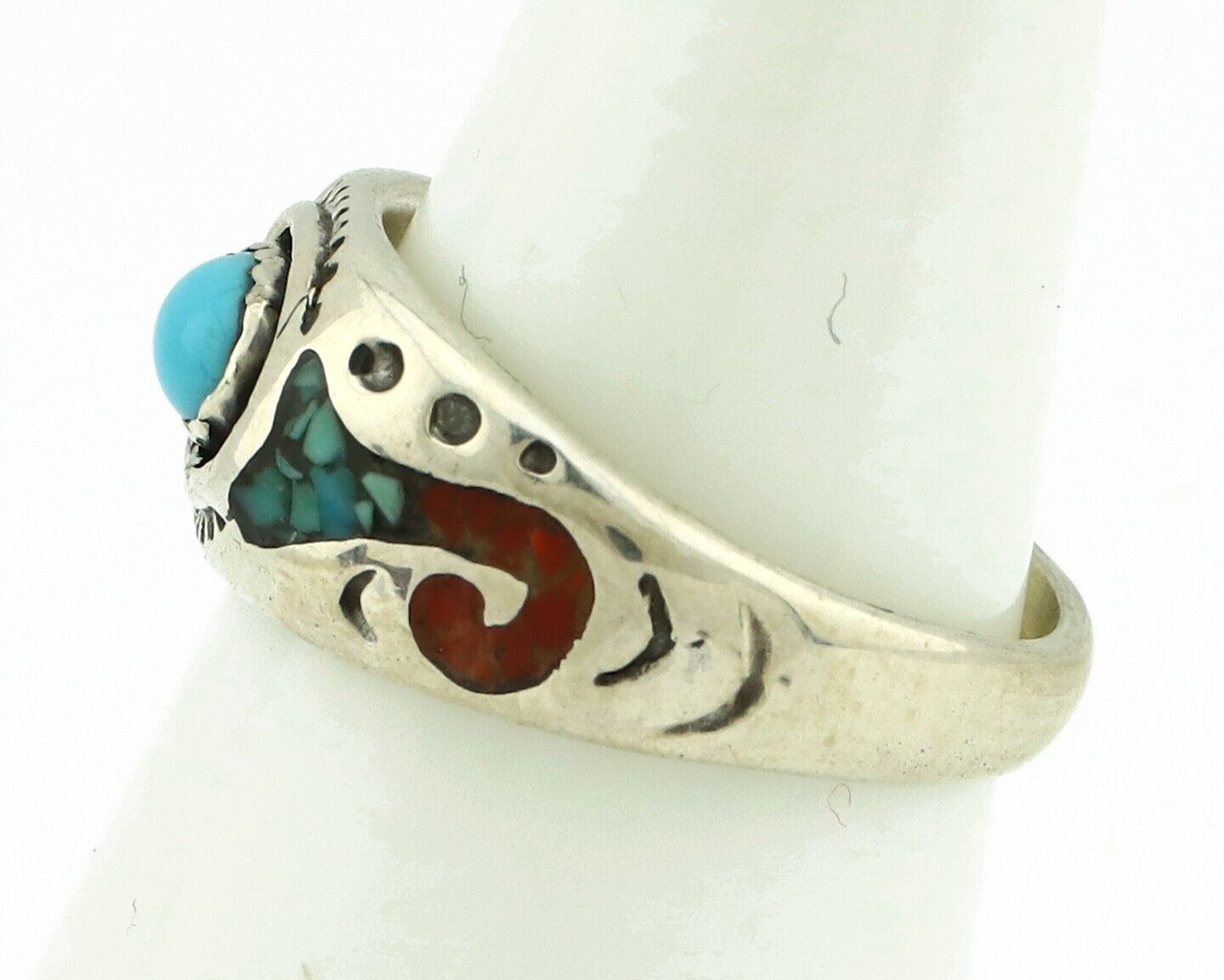 Navajo Handmade Ring 925 Silver Blue Turquoise & Coral Native American C.80's