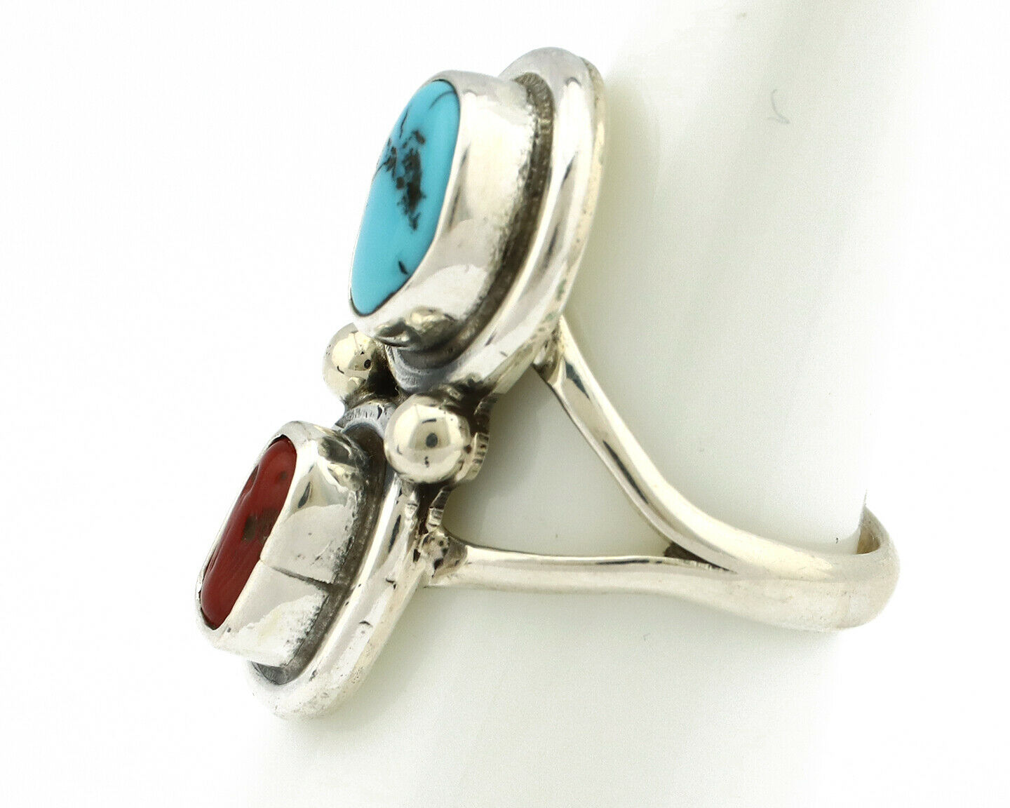 Navajo Ring .925 Silver Red Coral & Blue Turquoise Native Artist C.80's