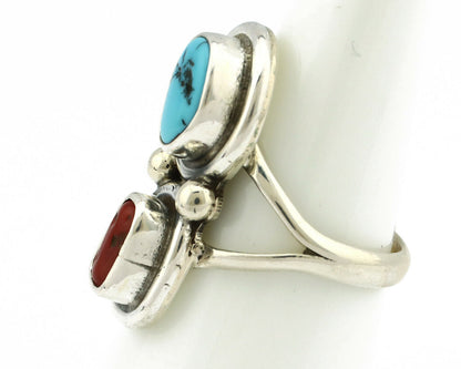 Navajo Ring .925 Silver Red Coral & Blue Turquoise Native Artist C.80's