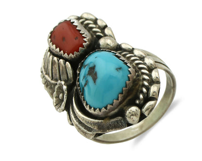 Navajo Ring .925 Silver Turquoise & Coral Artist Signed Thomas Singer C.80's