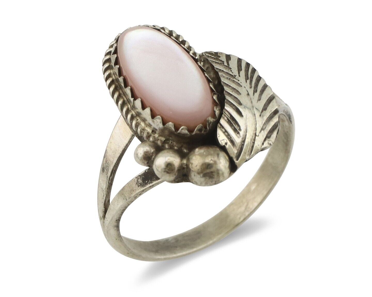 Navajo Ring .925 Silver Natural Pink Mussel Artist Signed Justin Morris C.80's