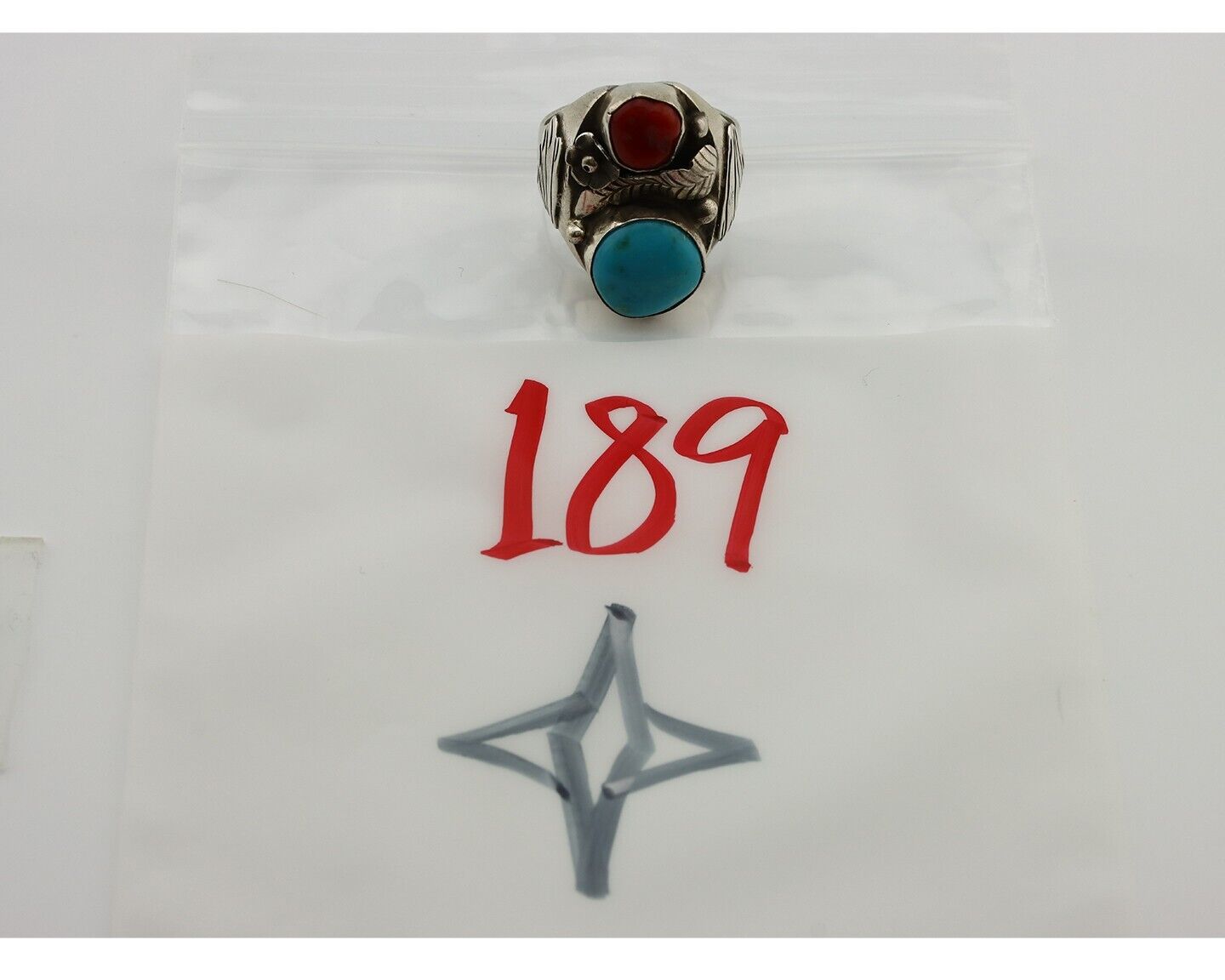 Navajo Ring 925 Silver Blue Turquiose & Mediterranean Coral Native Artist C.80's