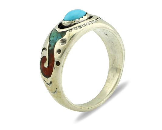 Navajo Handmade Ring 925 Silver Blue Turquoise & Coral Native American C.80's