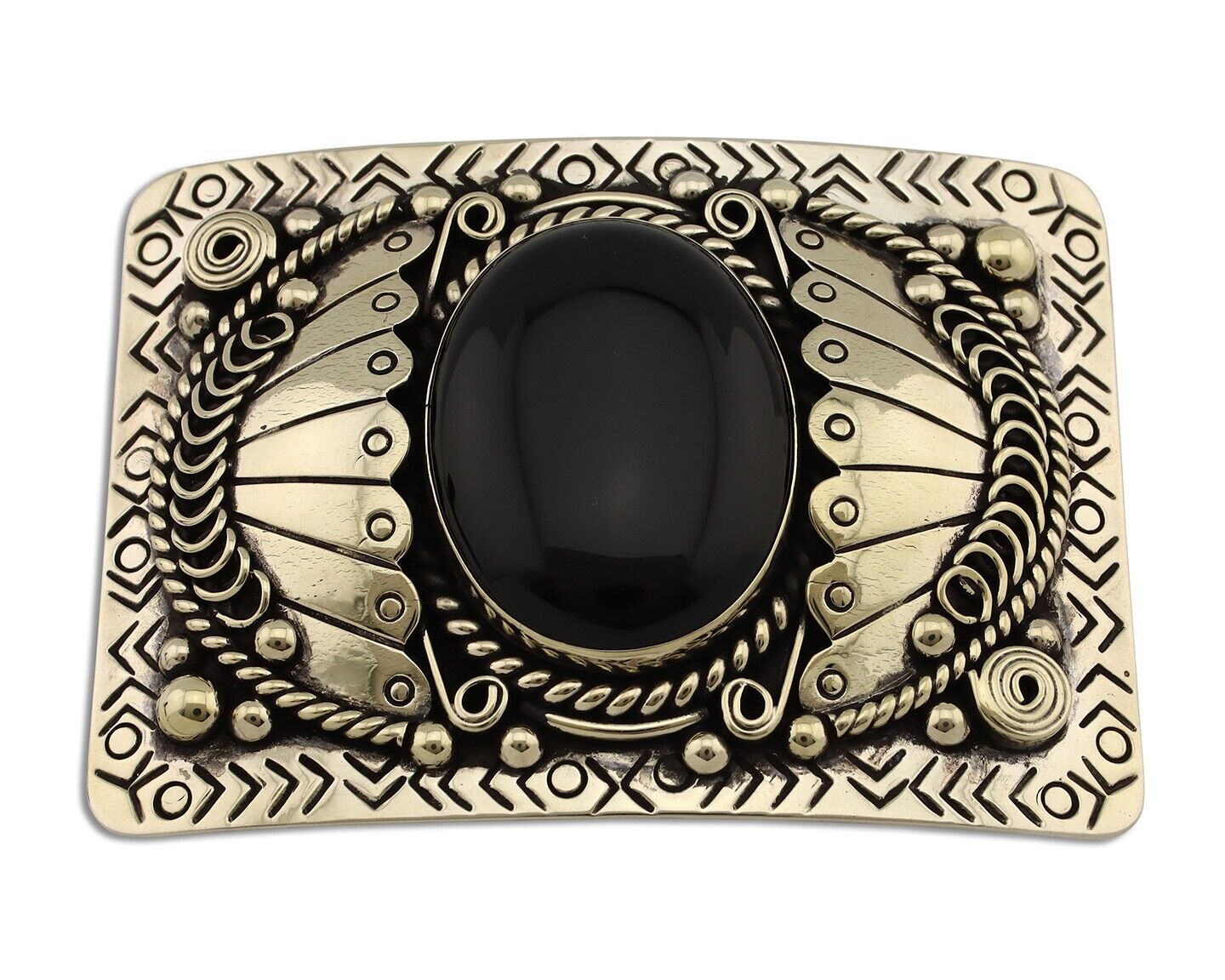 Men Navajo Belt Buckle 999 Nickel Onyx Artist Signed Teepee Handmade