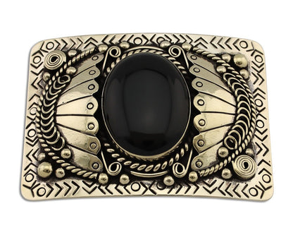 Men Navajo Belt Buckle 999 Nickel Onyx Artist Signed Teepee Handmade