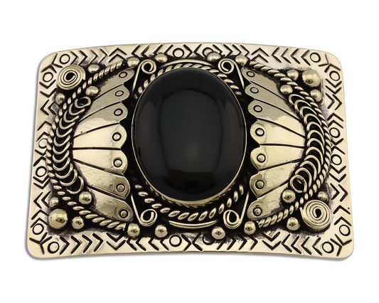 Men Navajo Belt Buckle 999 Nickel Onyx Artist Signed Teepee Handmade