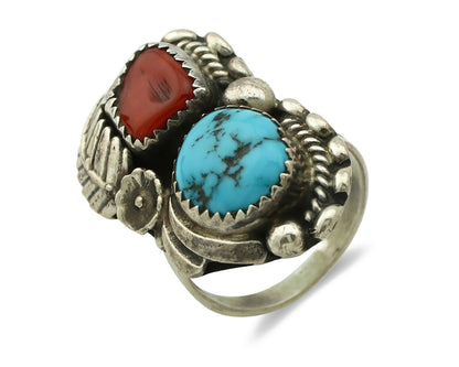 Navajo Ring .925 Silver Turquoise & Coral Artist Signed Thomas Singer C.80's