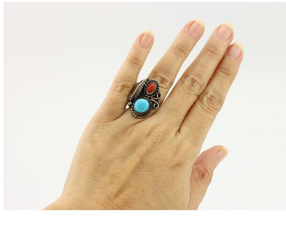 Navajo Handmade Ring 925 Silver Turquiose & Coral Native American Artist C.80's