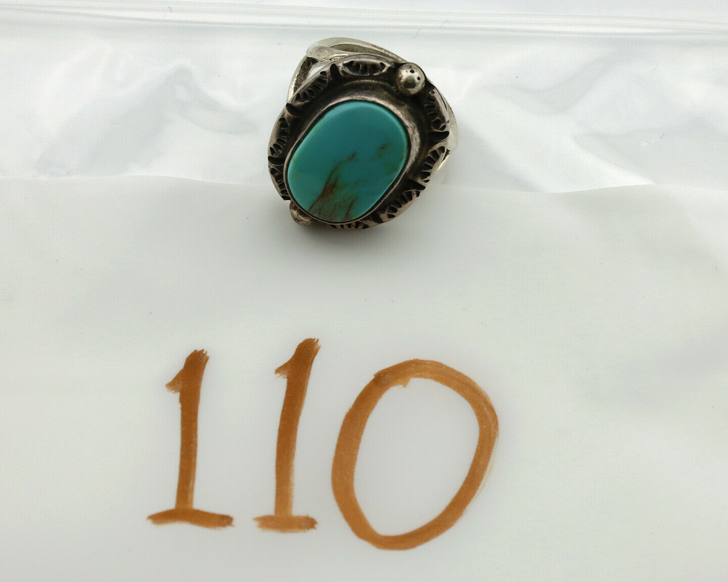 Navajo Ring .925 Silver Kingman Turquoise Artist Signed Gecko C.1980's