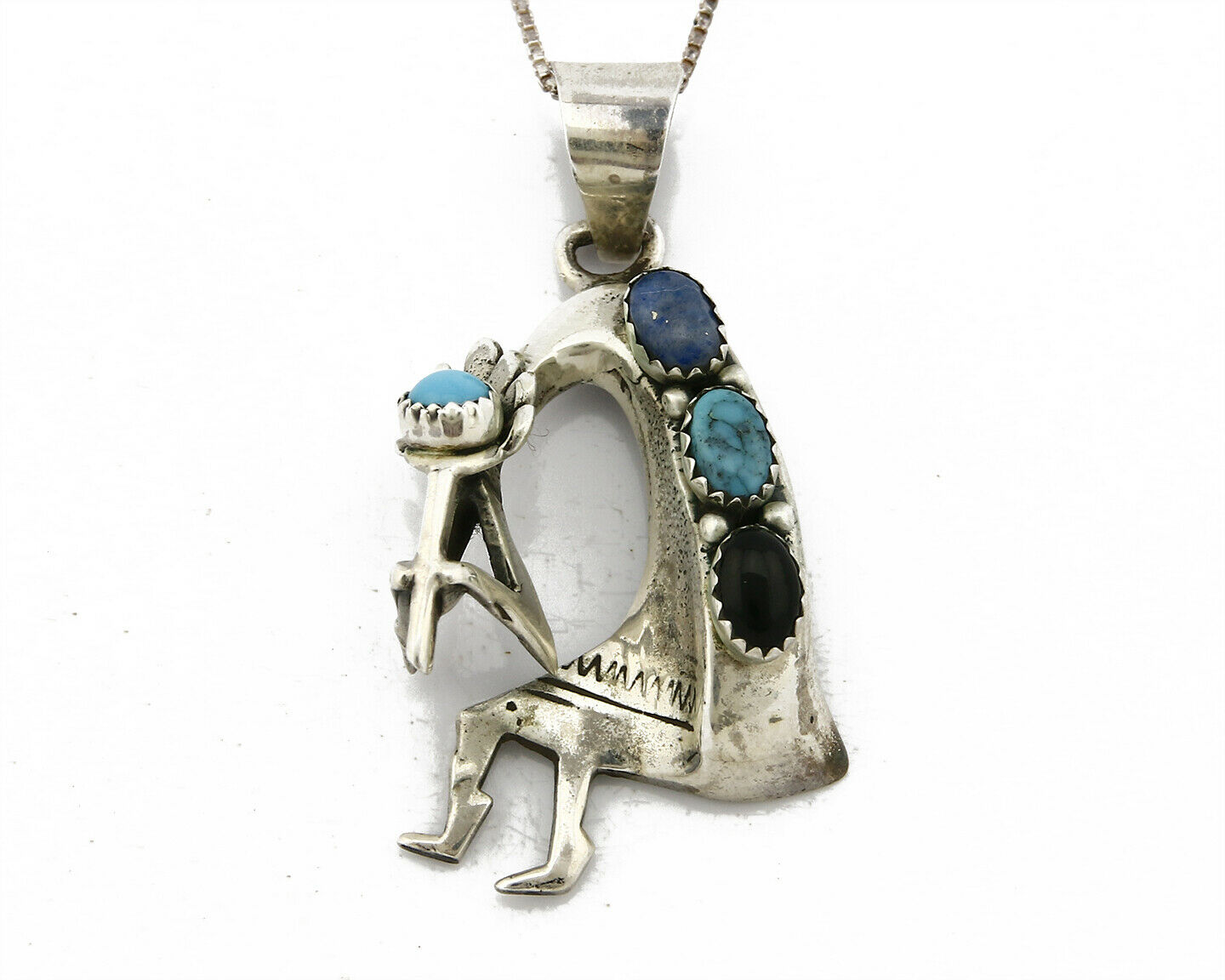 C.1980's Navajo Signed SM Natural Gemstone .925 Silver Pendant Necklace