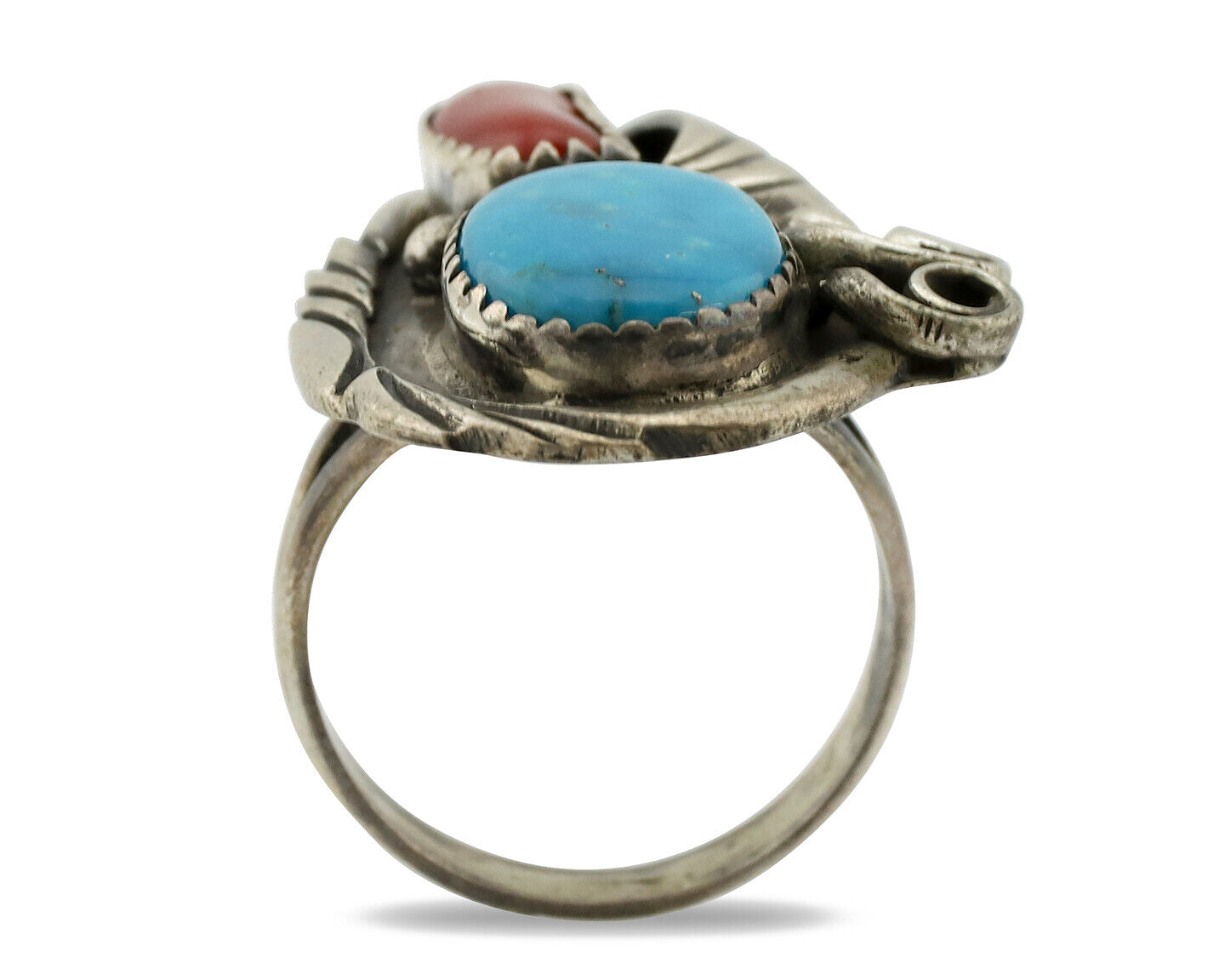 Navajo Ring 925 Silver Turquoise & Coral Artist Signed Native American C.80s