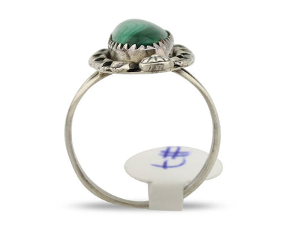 Navajo Ring .925 Silver Malachite Hand Stamped Signed Herman Lee C.80's