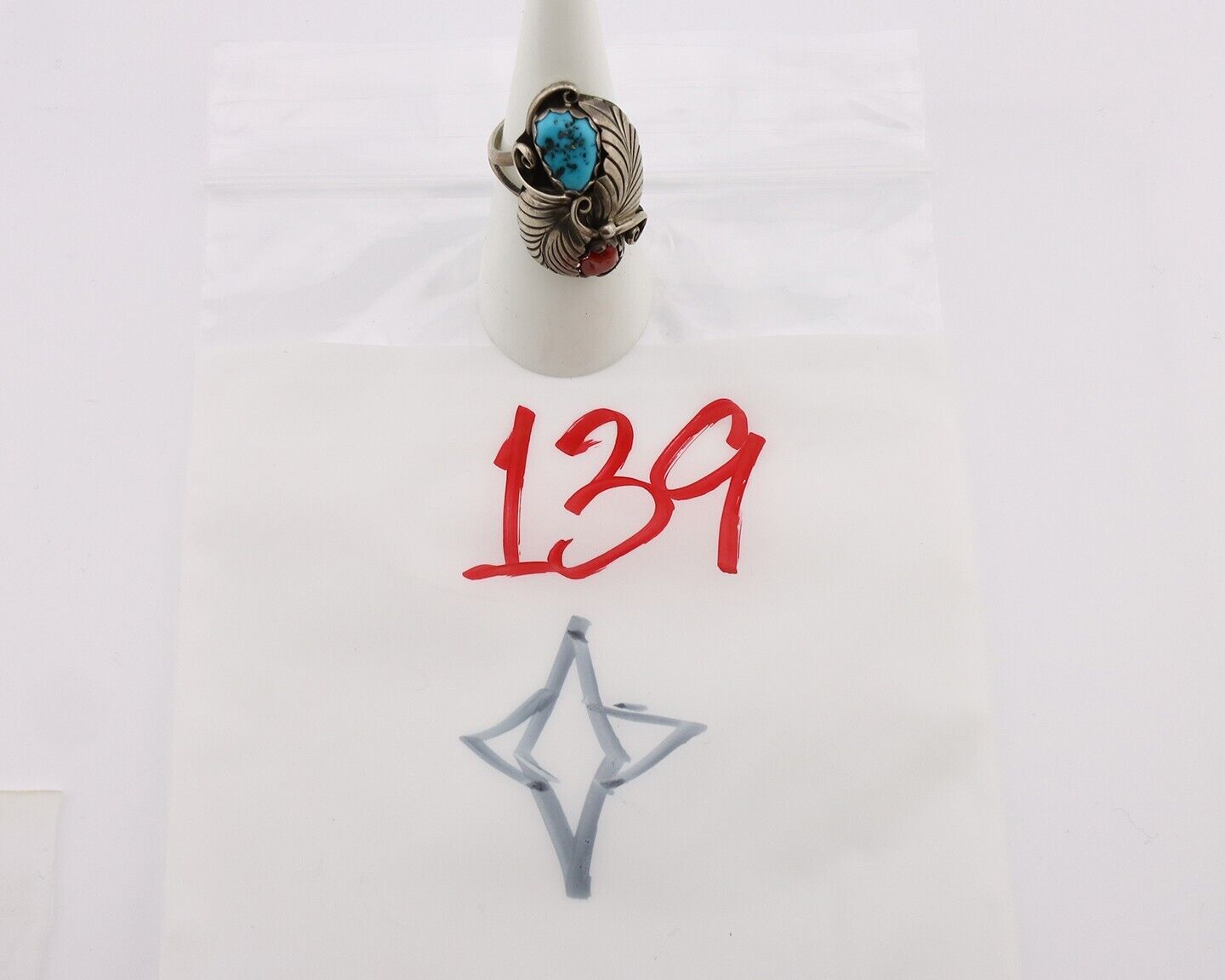 Navajo Handmade Ring 925 Silver Turquiose & Coral Artist Signed E C.80's