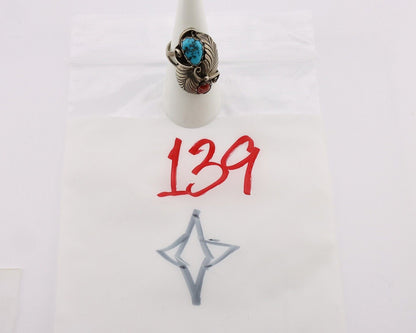 Navajo Handmade Ring 925 Silver Turquiose & Coral Artist Signed E C.80's