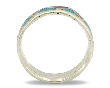Navajo Ring 925 Silver Natural Turquoise & Coral Native American Artist C.80's