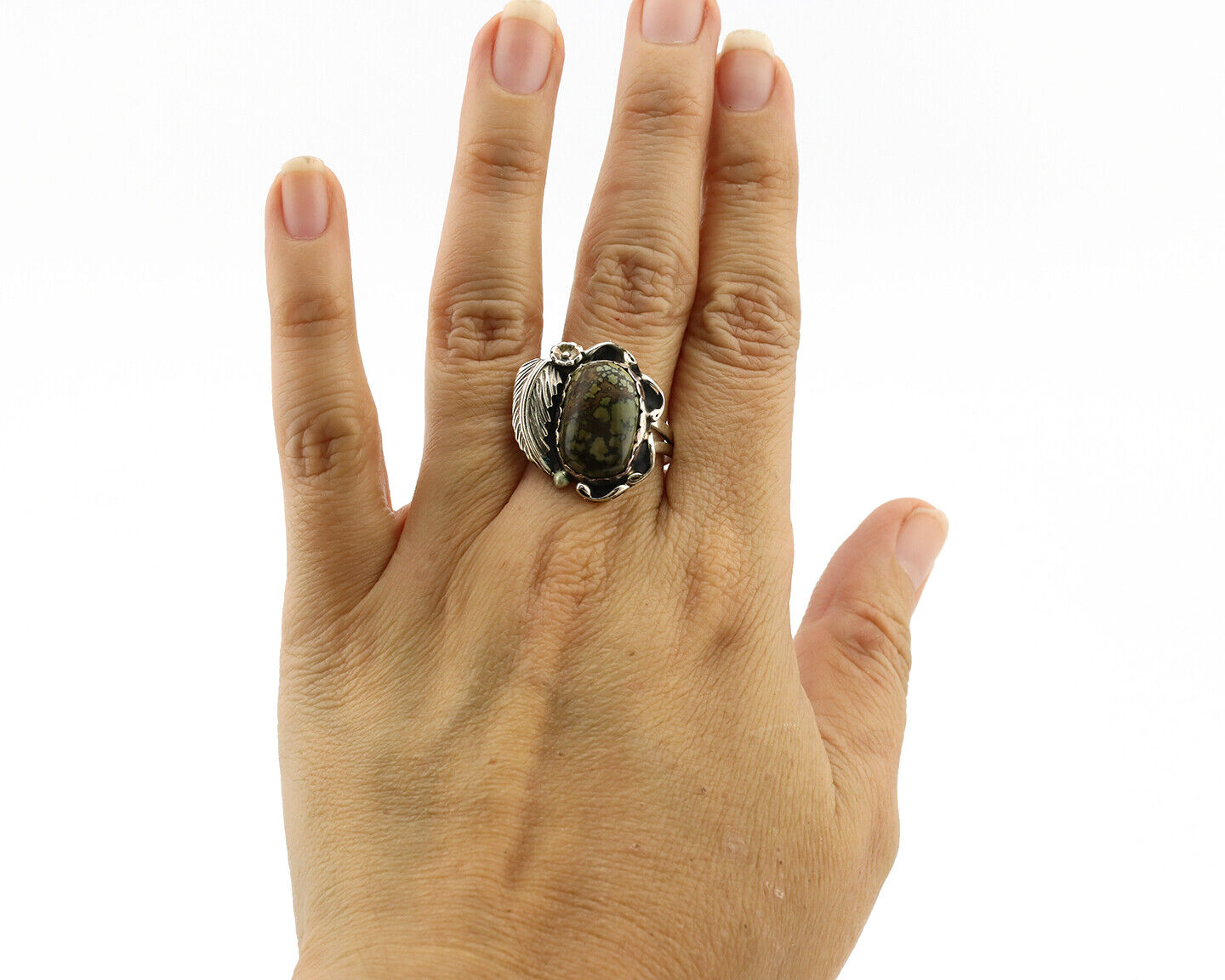 Navajo Ring .925 Silver Spiderweb Turquoise Native American Artist C.1980s