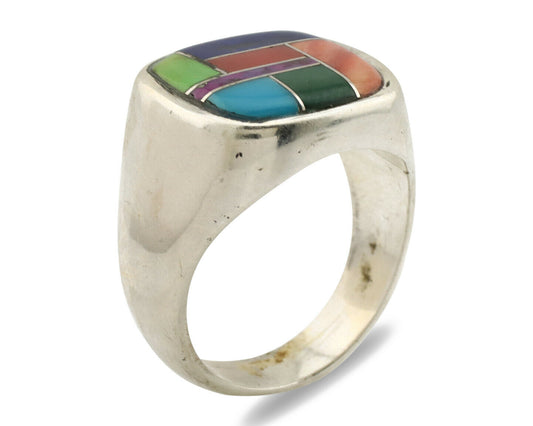 Navajo Inlaid Ring .925 Silver Gemstone Artist Native American C.1980's