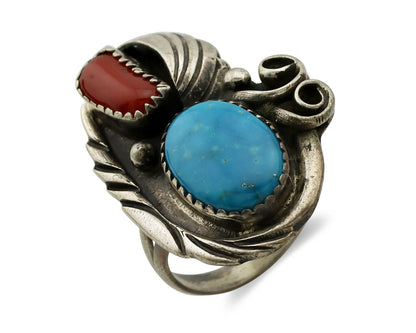 Navajo Ring 925 Silver Turquoise & Coral Artist Signed Native American C.80s