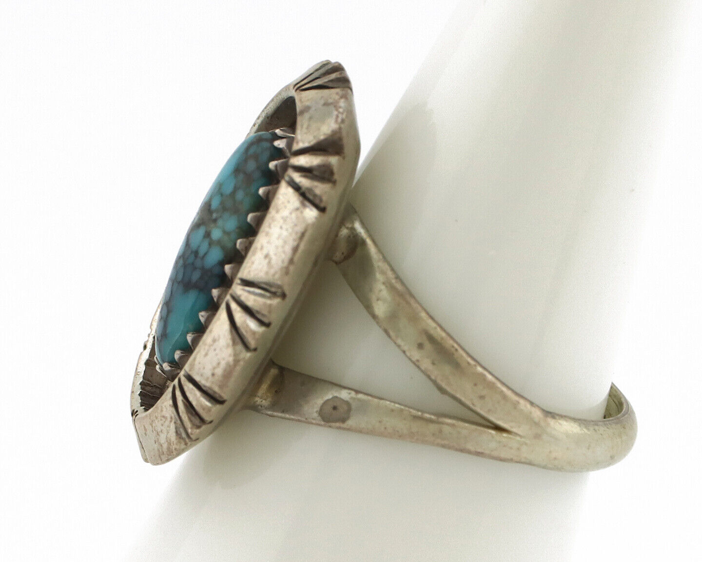 Navajo Ring 925 Silver Natural Black Spiderweb Turquoise Native Artist C.80's