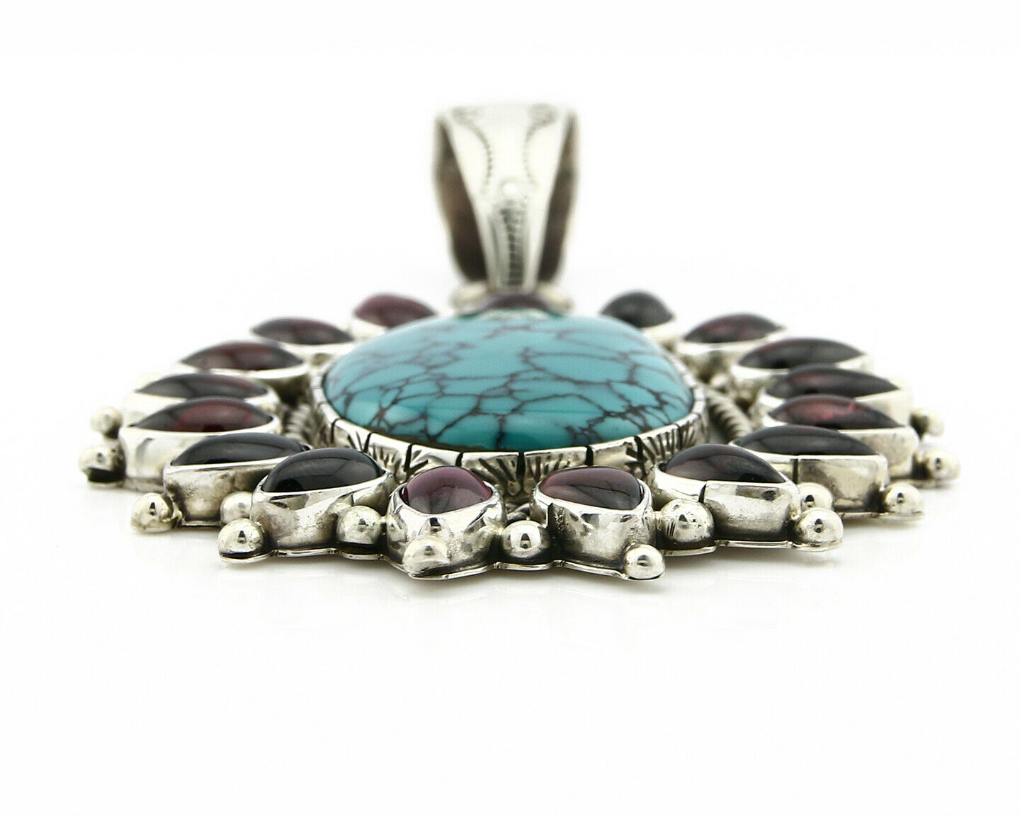 Navajo Pendant .925 Silver Natural Turquoise & Garnet Signed Artist BP C.80's