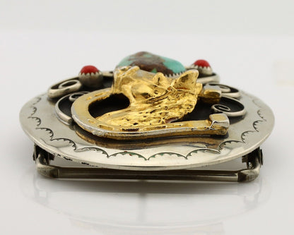 Navajo Eagle Head Belt Buckle .999 Nickle Turquoise & Coral Native Artist C80s