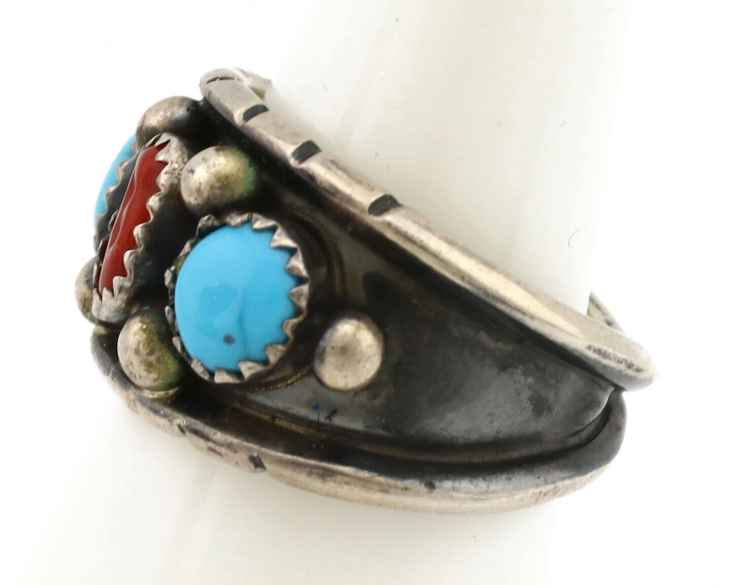 Navajo Ring .925 Silver Natural Blue Turquoise & Red Coral Native C.1980's