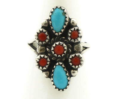 Navajo Ring 925 Silver Turquoise & Coral Handmade Native American Artist C.1980s